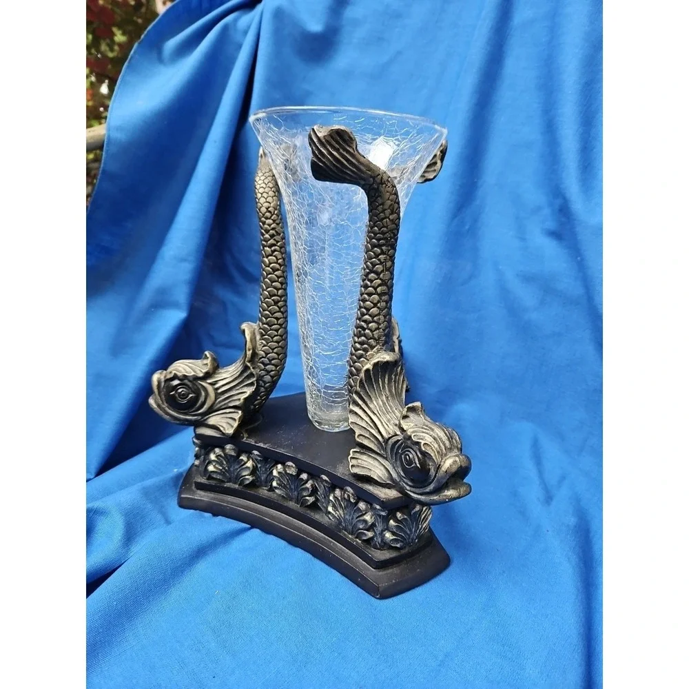 Vintage Japanese Dolphin Koi Fish Vase Centerpiece‎ Neoclassical Crackle 12